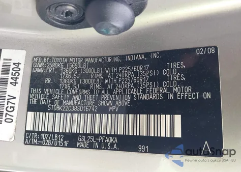 2008 Toyota Sienna Limited из США, поврежденный, VIN 5TDBK22C38S016742